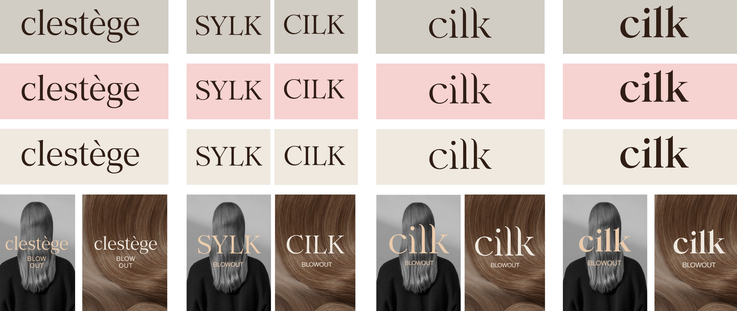 Concept II — the clestège, Sylk and Cilk name candidates explored in the neutral palette, with product mockups
